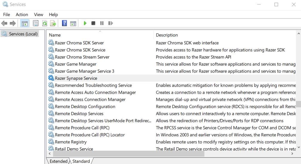 Служба Razer Synapse в окне Служб