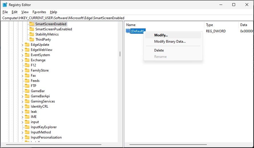 registry editor SmartScreen Edge Enabled default value
