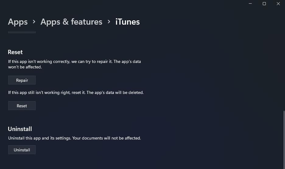 The Repair and Reset options for iTunes