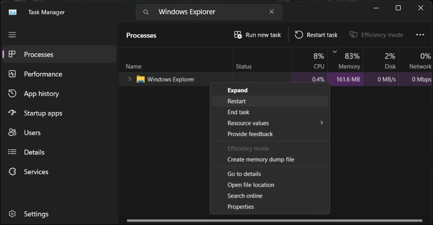 перезапустите Windows Explorer, обработайте диспетчер задач
