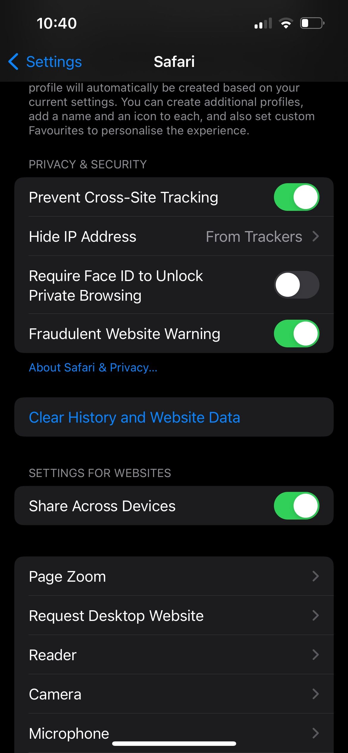 Safari's settings page Privacy & Security section