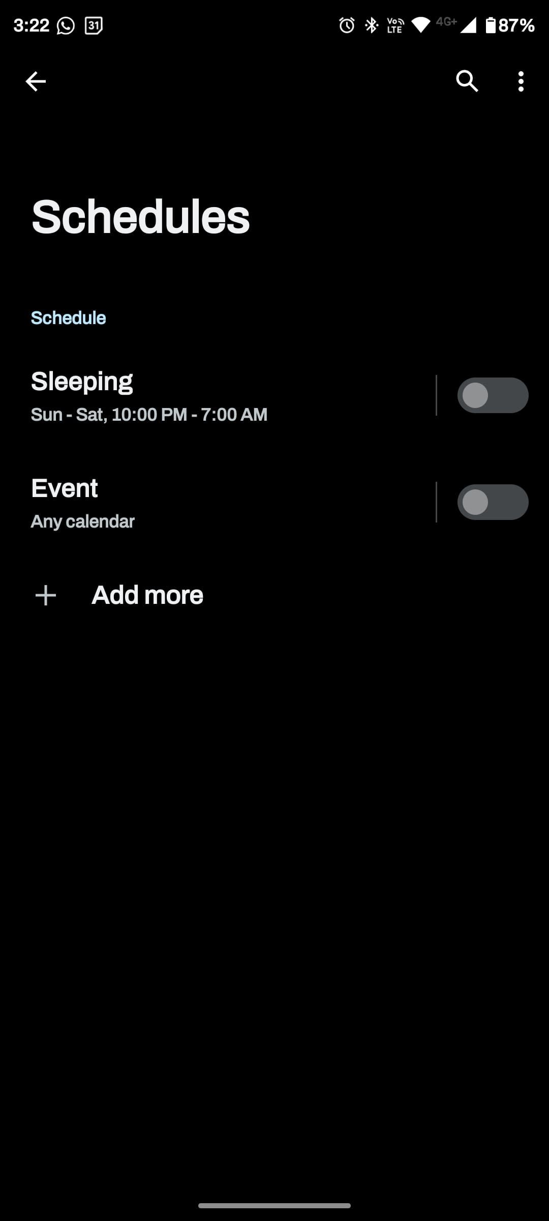 Schedules settings menu with sleeping and event toggles