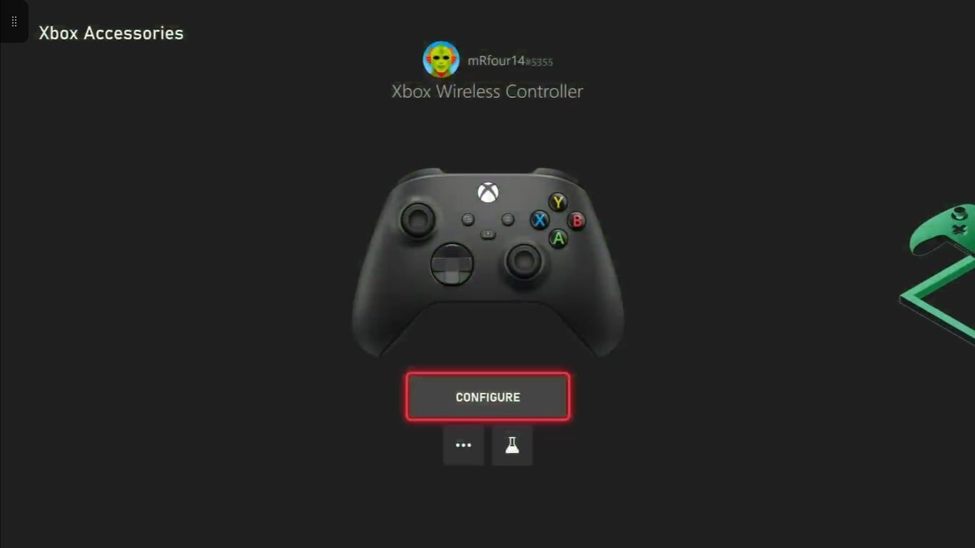 A screenshot of the Xbox Accessories application with the option to Configure an Xbox controller highlighted