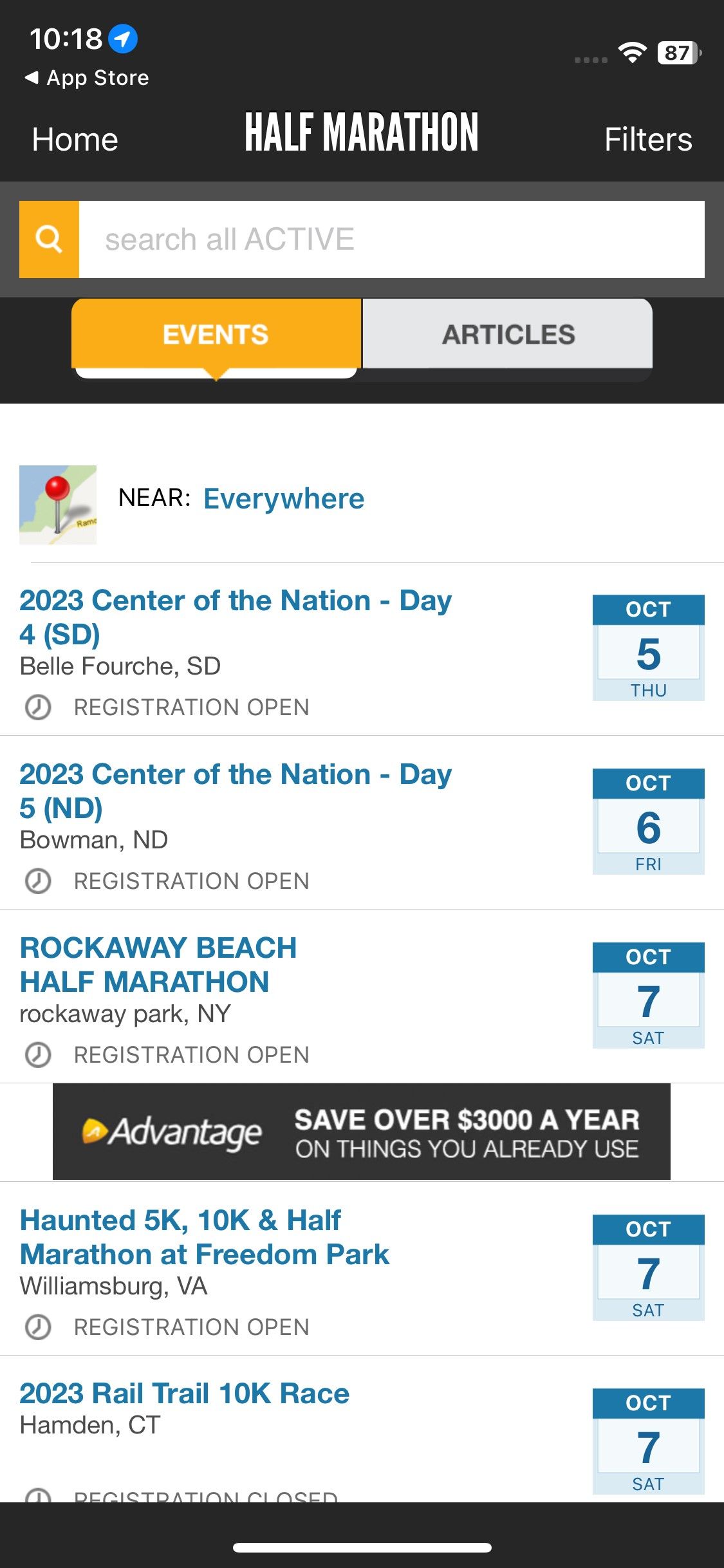 Screenshot of ACTIVE app showing half marathon events