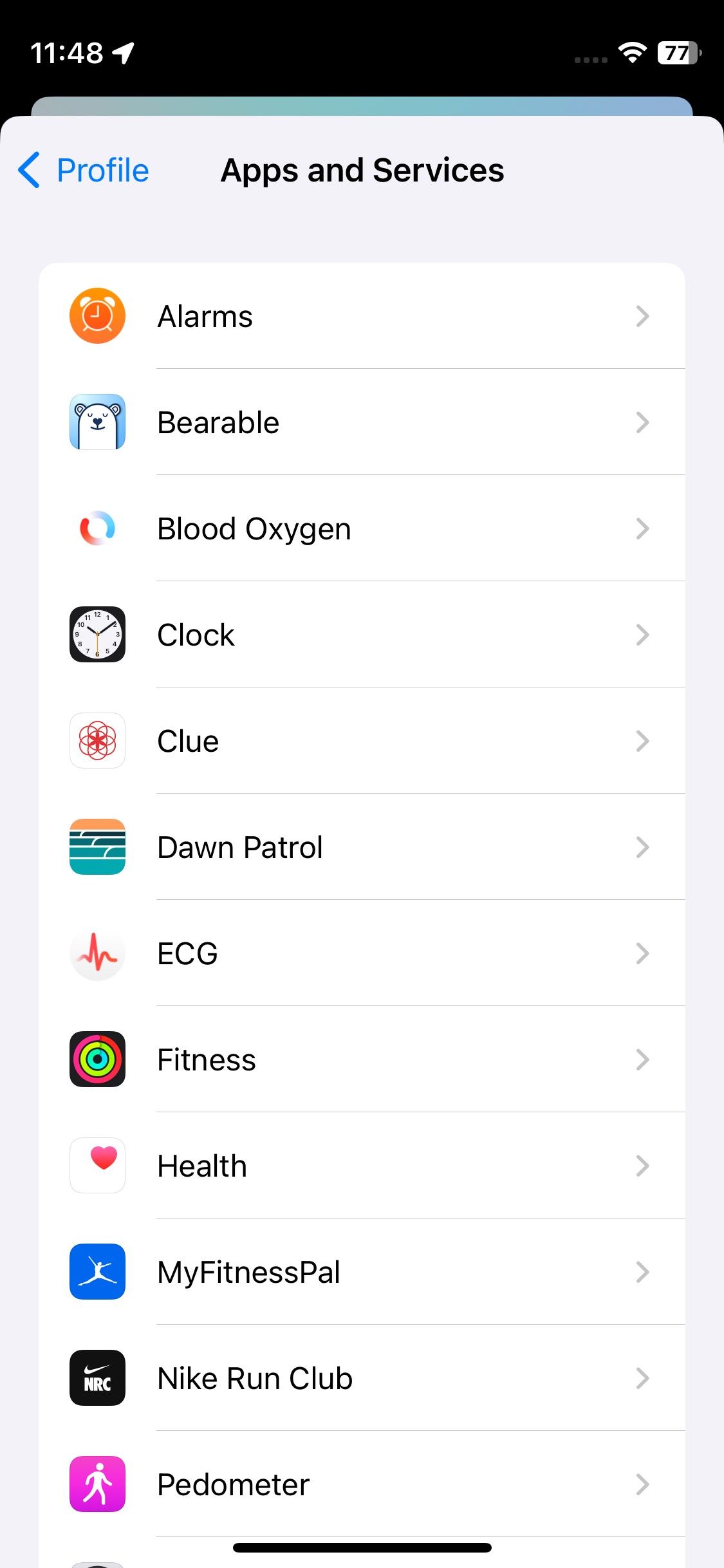 اسکرین شات از اپلیکیشن ها و سرویس های سلامت اپل