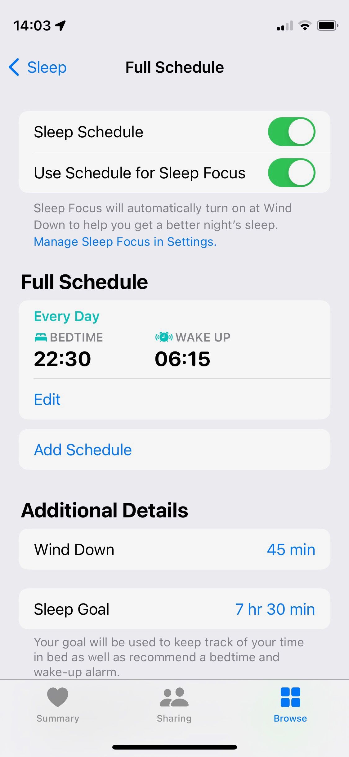 صفحه نمایش برنامه زمانبندی کامل خواب Apple Health