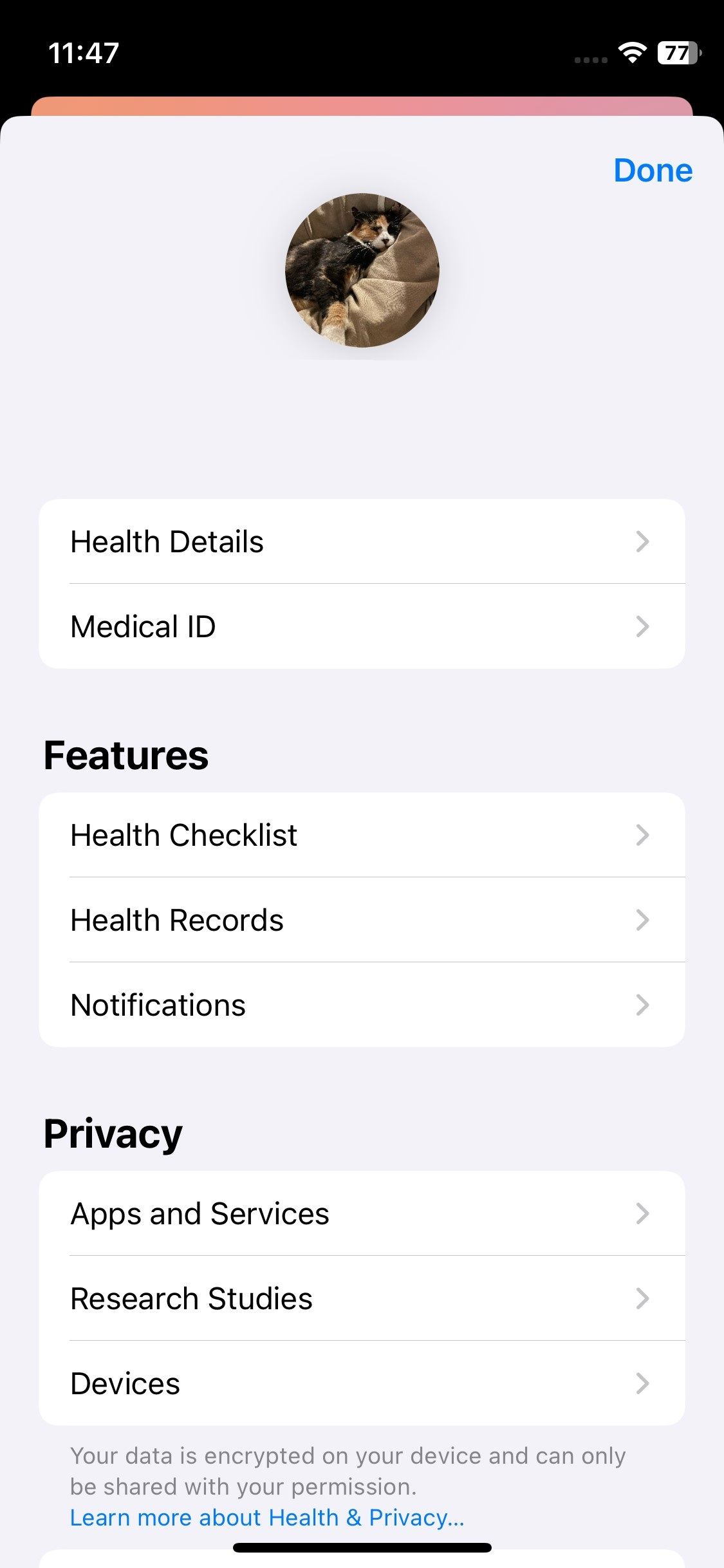 اسکرین شات تنظیمات Apple Health