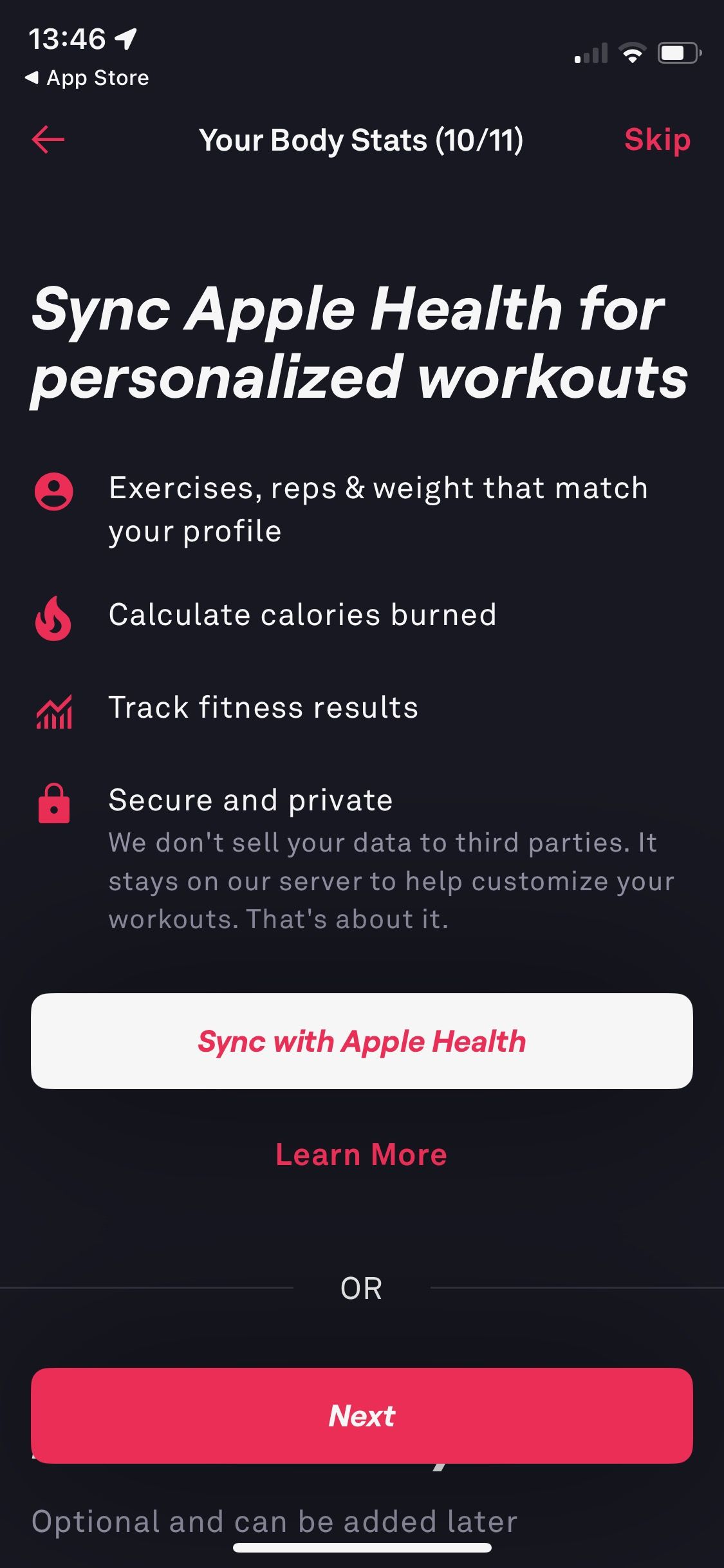 اسکرین شات از برنامه Fitbod همگام سازی صفحه Apple Health