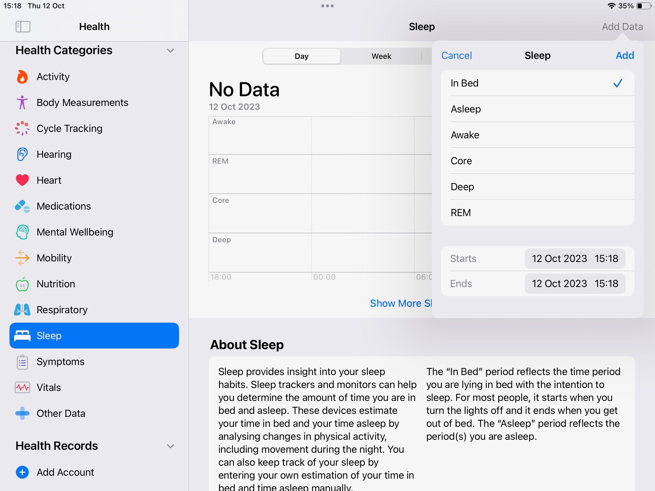 Screenshot of adding sleep data in the iPadOS Health app