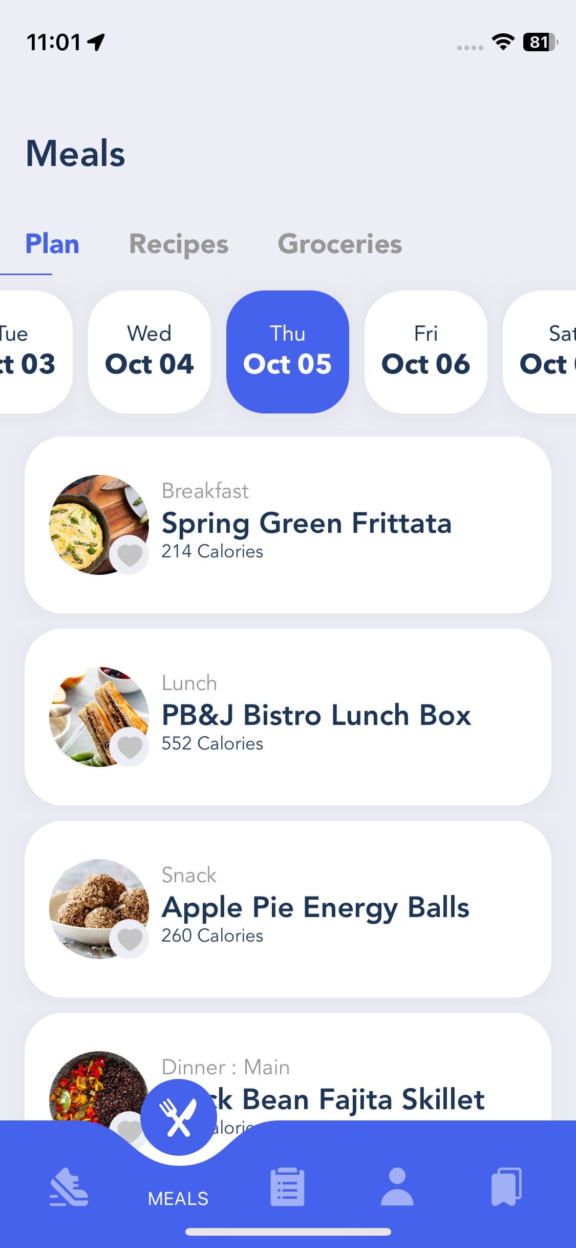 Screenshot of Jeff Galloway Run Walk Run app - meals tab