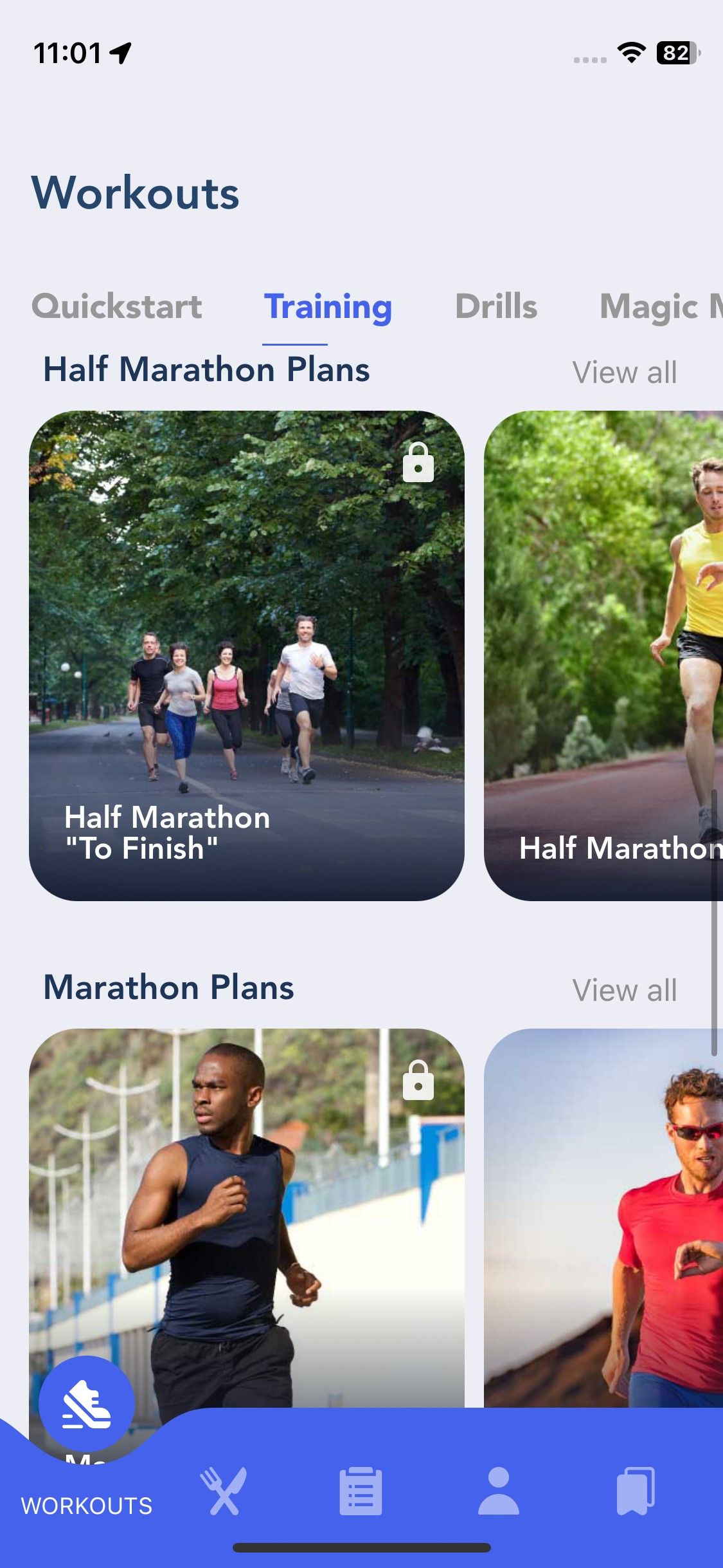 Screenshot of Jeff Galloway Run Walk Run app - workouts tab