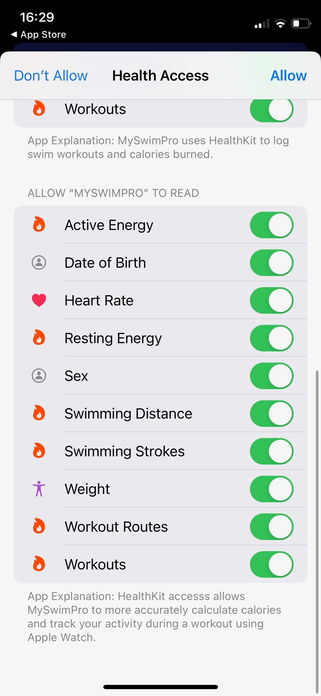 اسکرین شات از دسترسی اپلیکیشن MySwimPro Apple Health