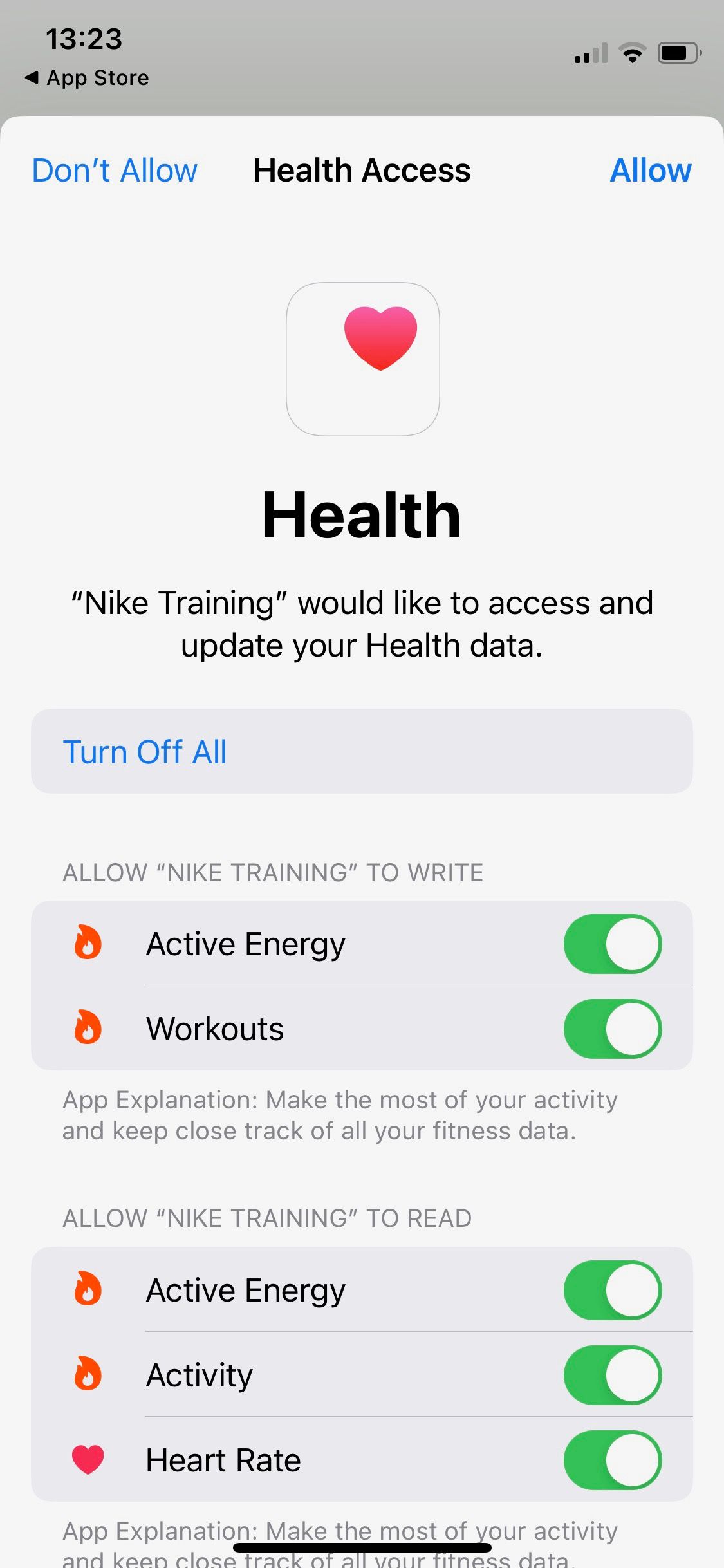 اسکرین شات برنامه باشگاه آموزشی نایک Apple Health Access Screen