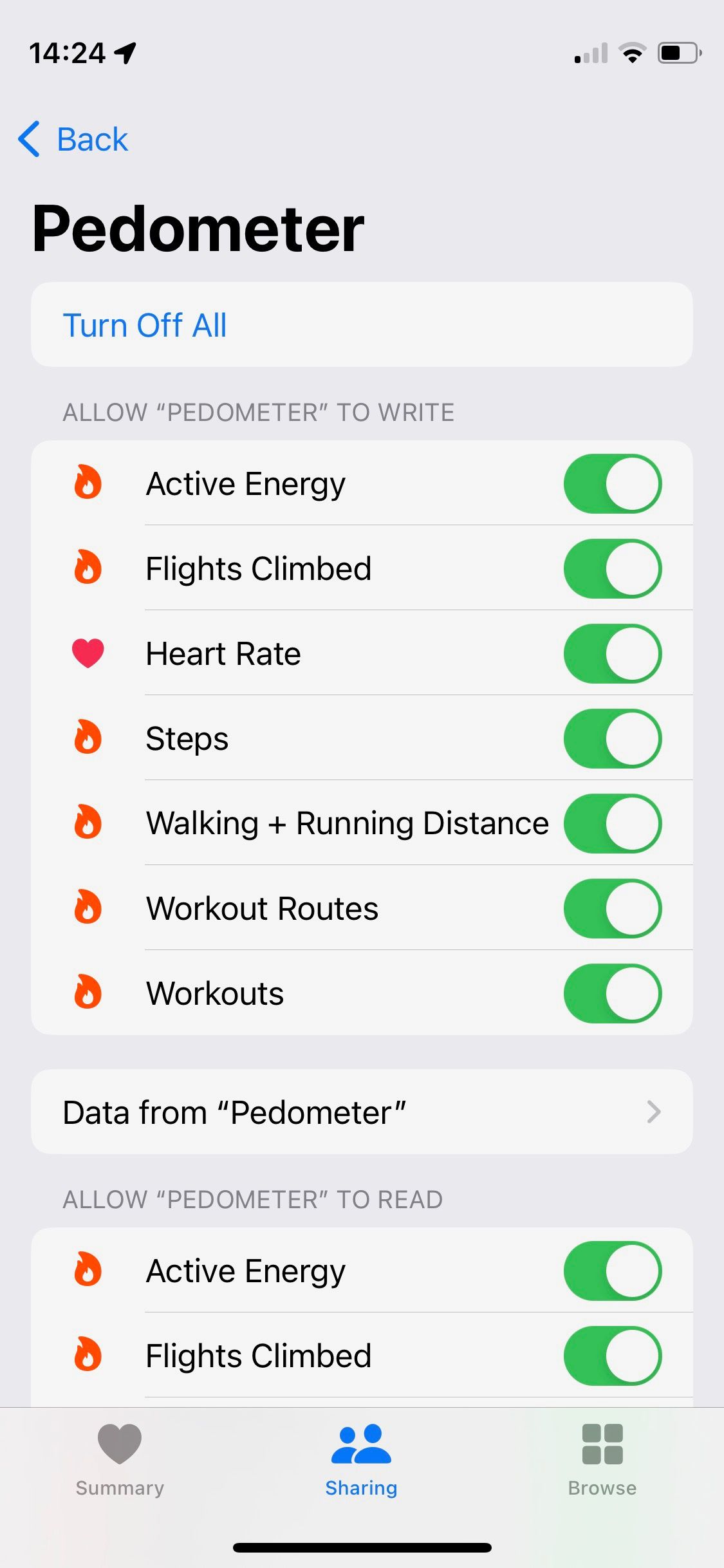 اسکرین شات از اپلیکیشن Pedometer++ Apple Health Access