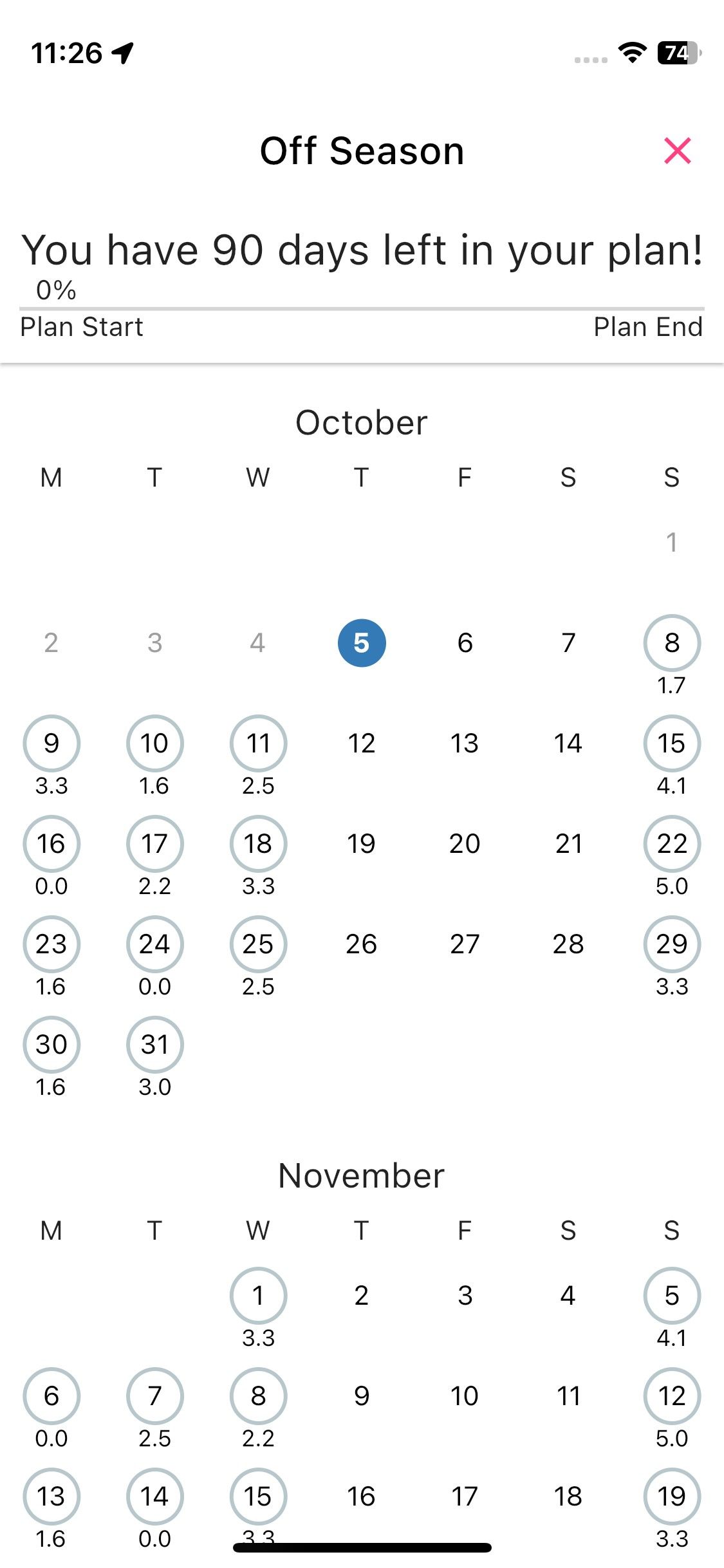 Screenshot of Run With Hal app - calendar