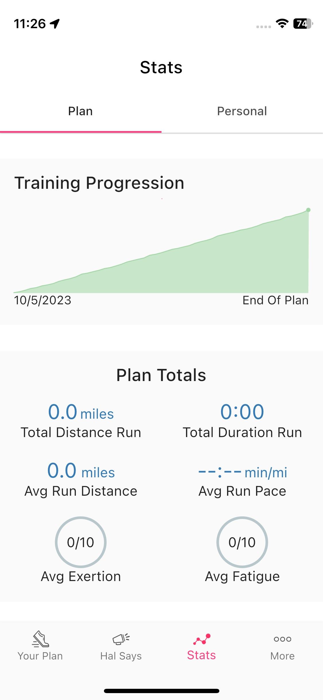 Screenshot of Run With Hal app - stats tab