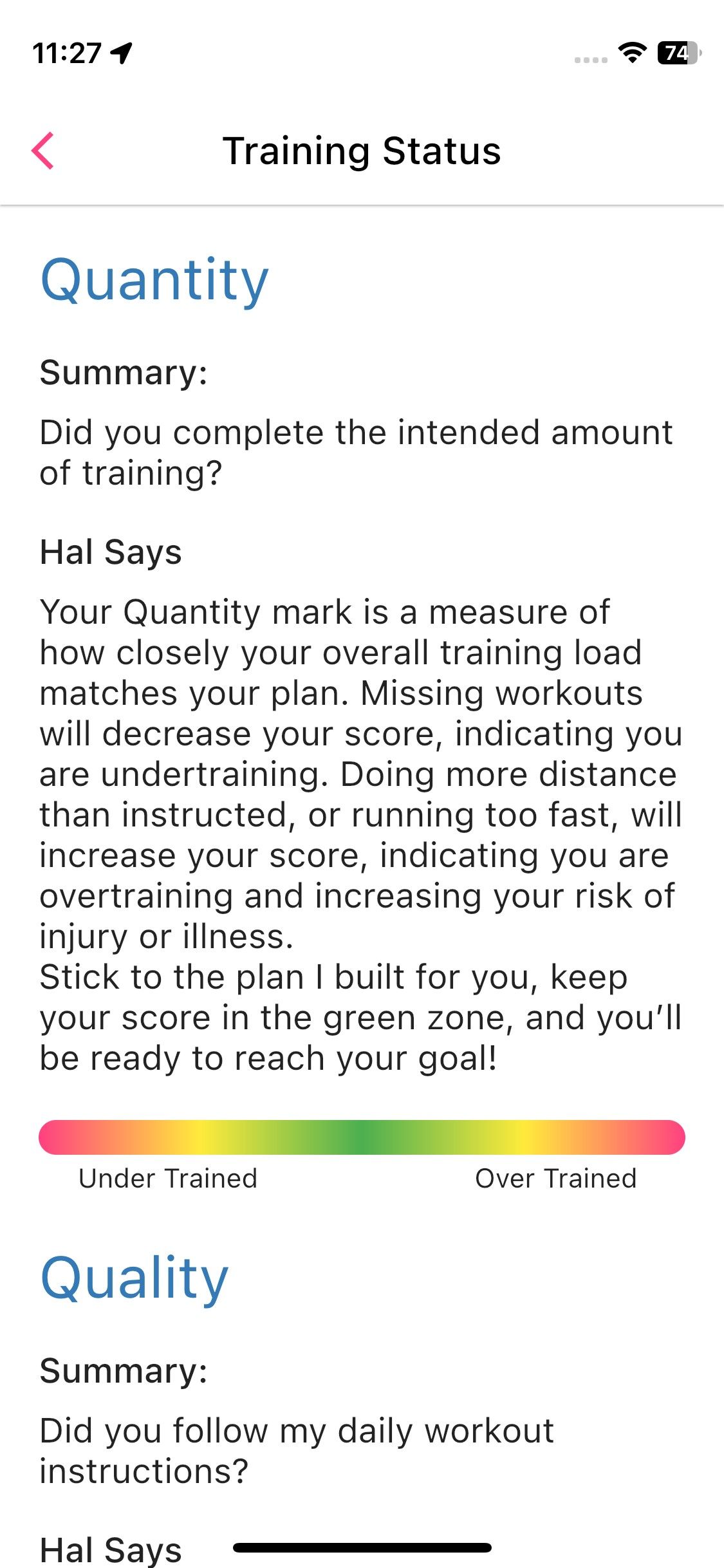 Screenshot of Run With Hal app - training status