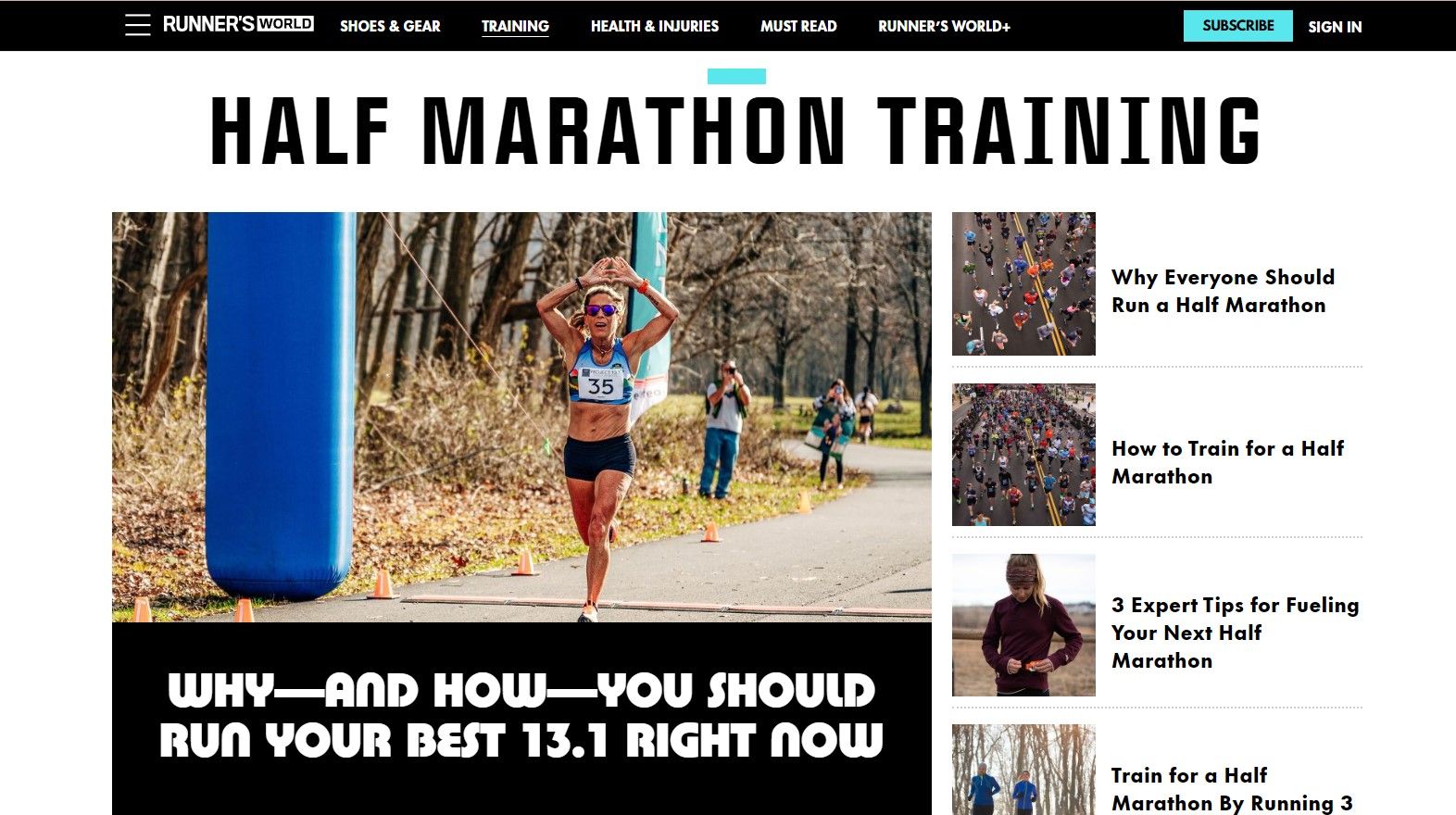 Screenshot of Runner's World website, half marathon training section