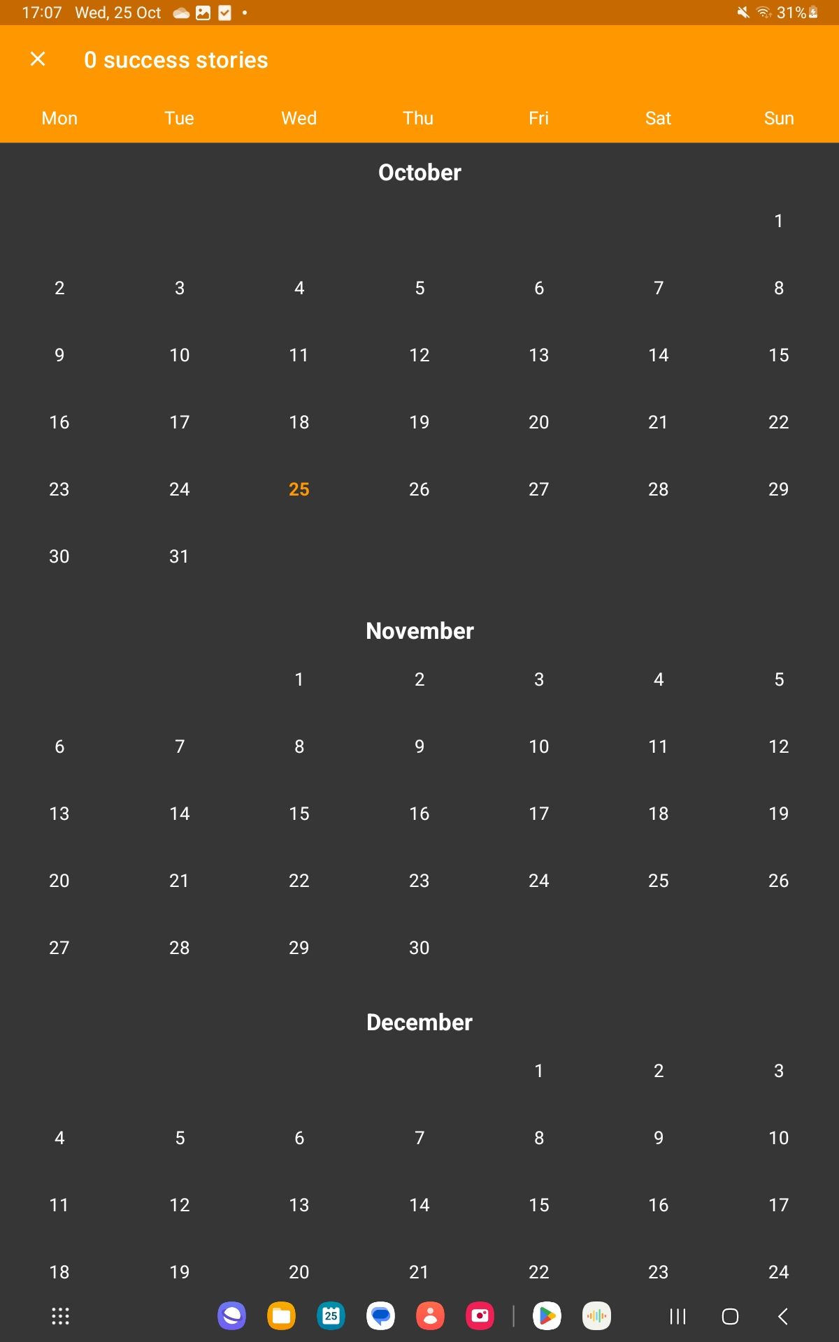 Screenshot of Success Journal app calendar view