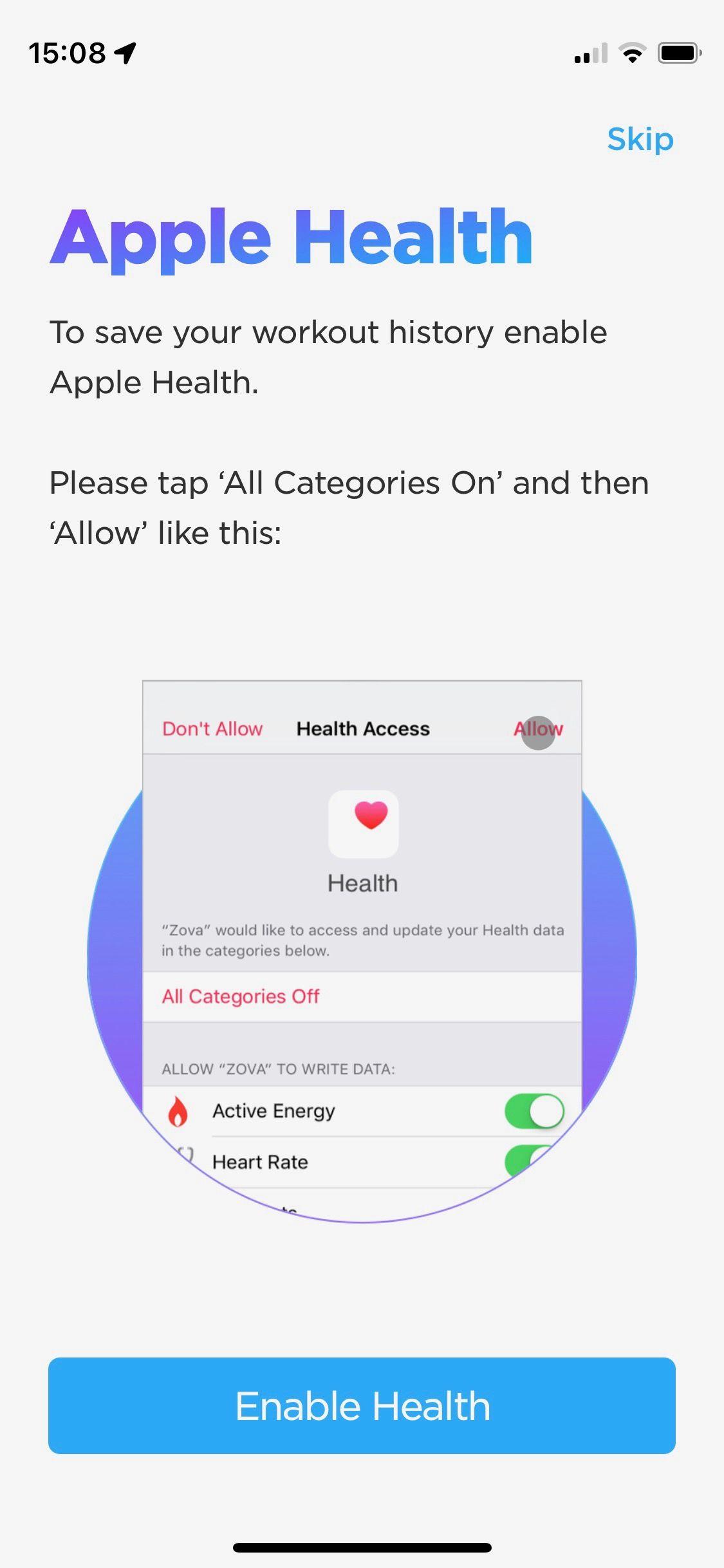 اسکرین شات برنامه Zova صفحه نمایش Apple Health را فعال کنید