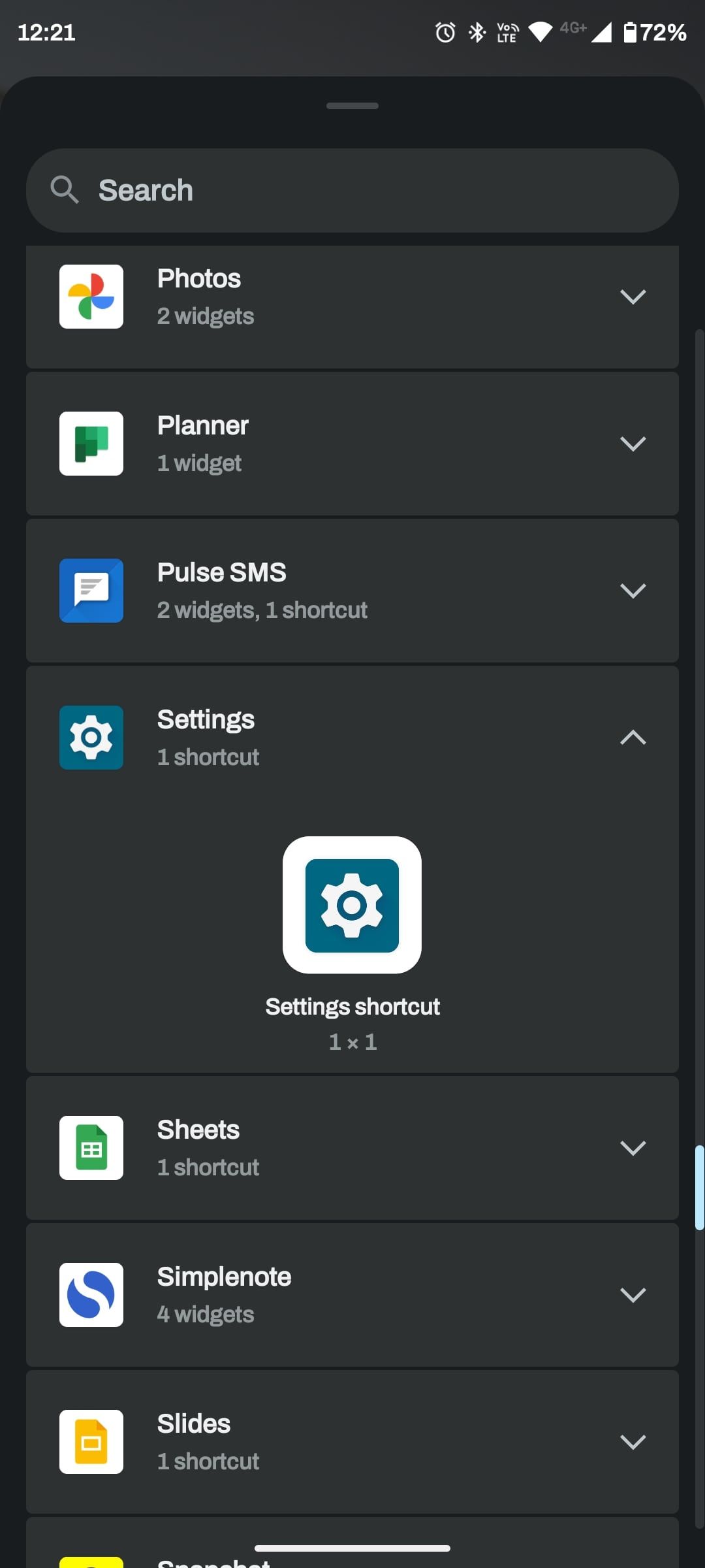 Settings shortcut selected in widget menu