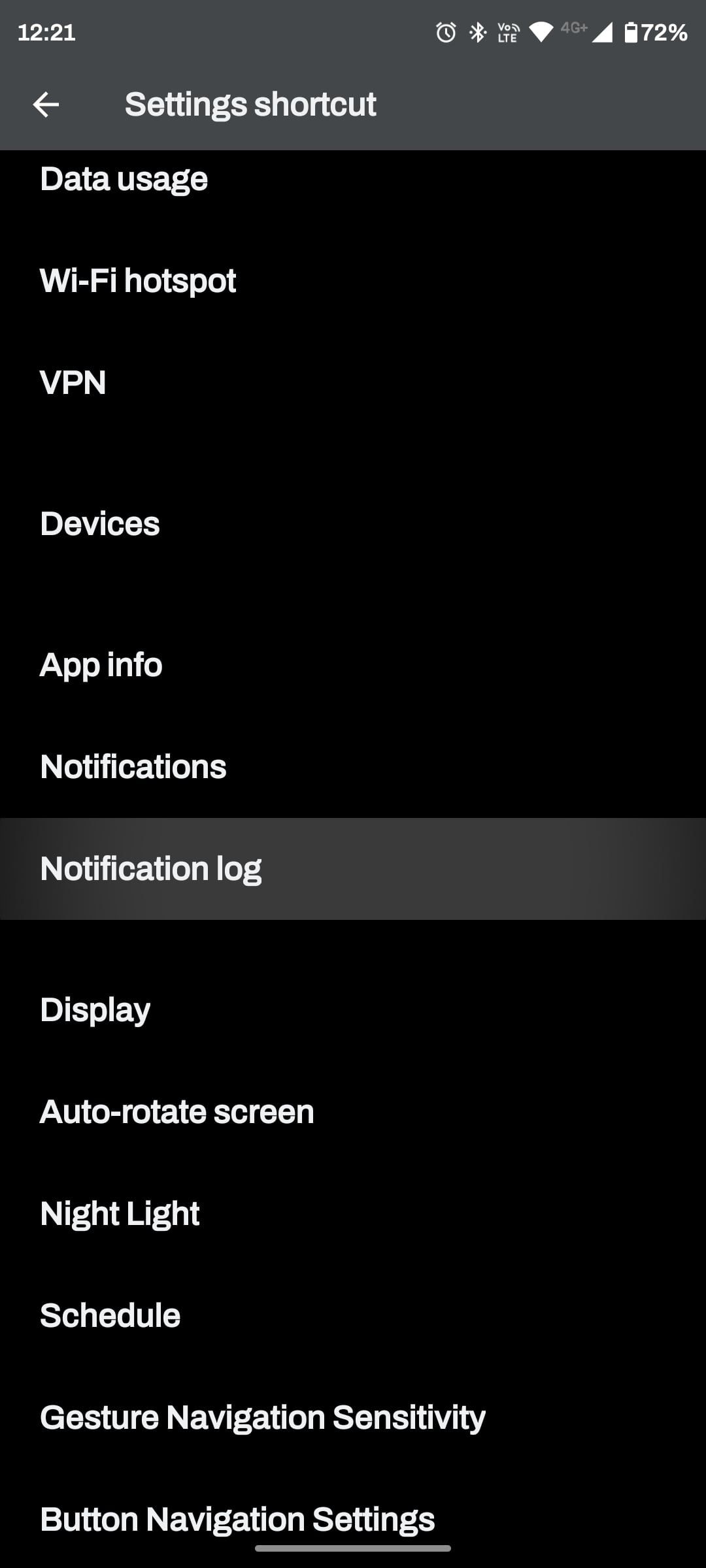 Notification log highlighted in settings shortcut list for settings shortcut widget