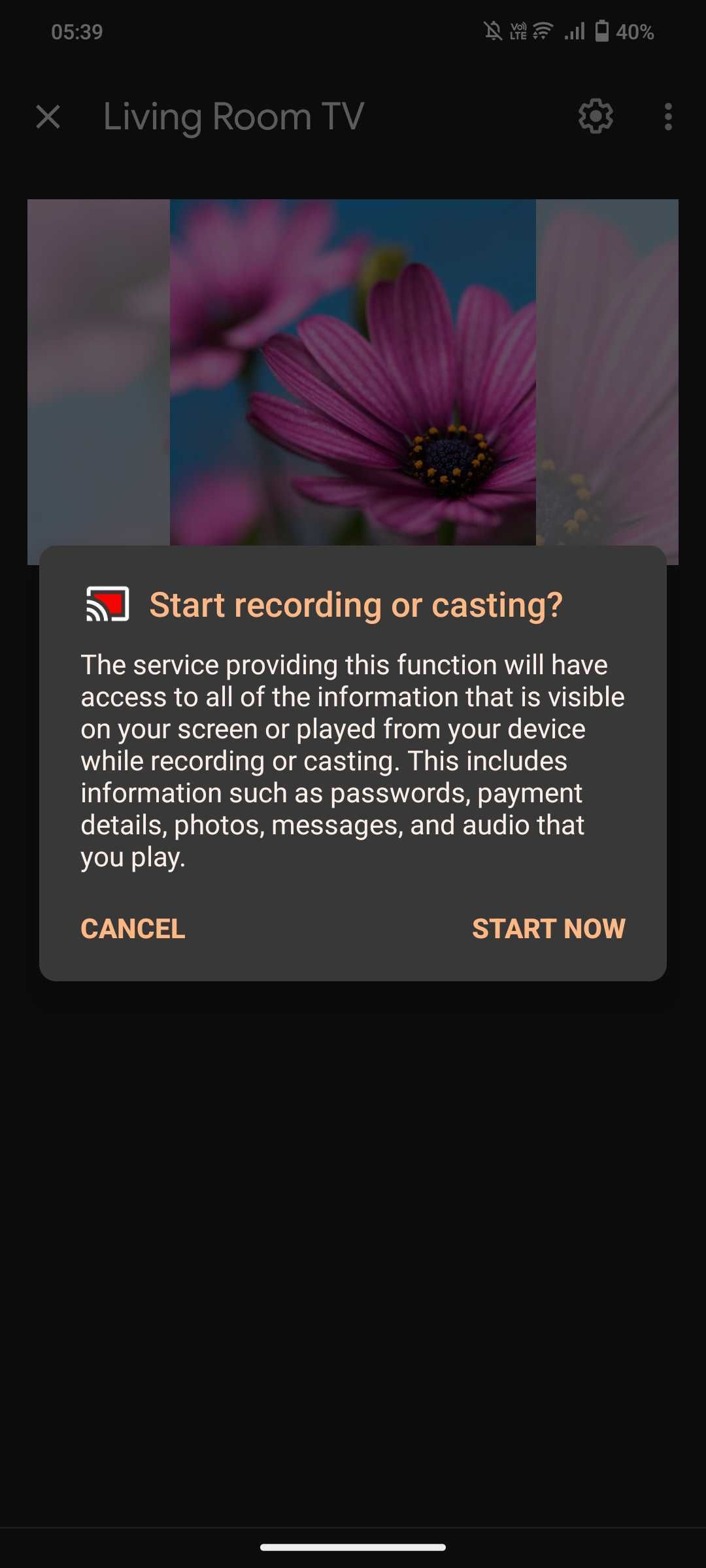 Screenshot of Google Home app for casting on Chromecast
