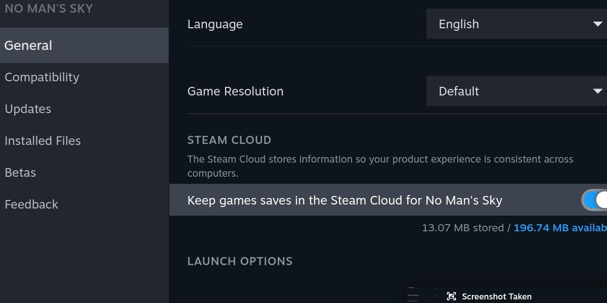 screenshot of steam deck game properties menu to toggle steam cloud