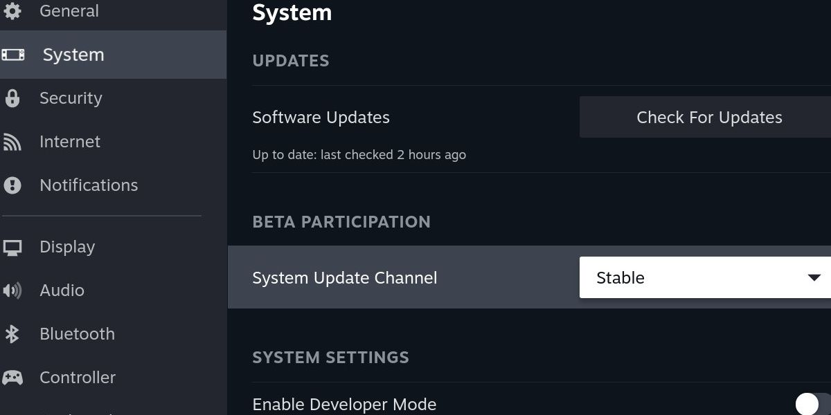 screenshot of the steam deck settings update menu