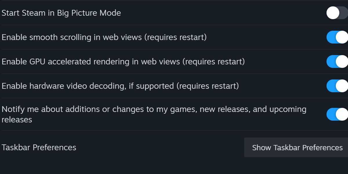 Steam interface settings