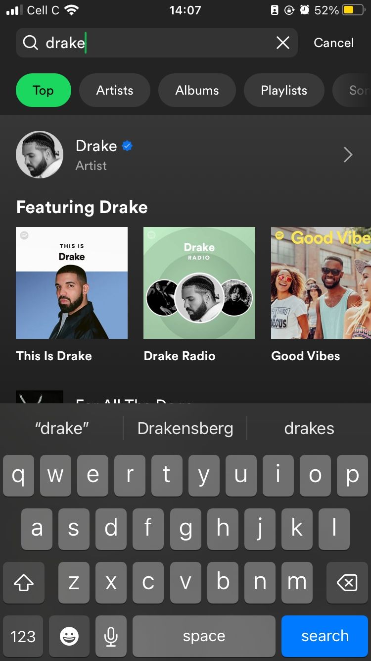 نتایج جستجو برای Drake در برنامه تلفن همراه Spotify