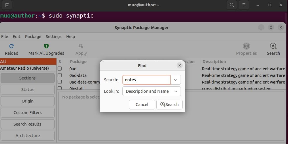 جستجوی یک بسته برای نصب با استفاده از Synaptic در اوبونتو