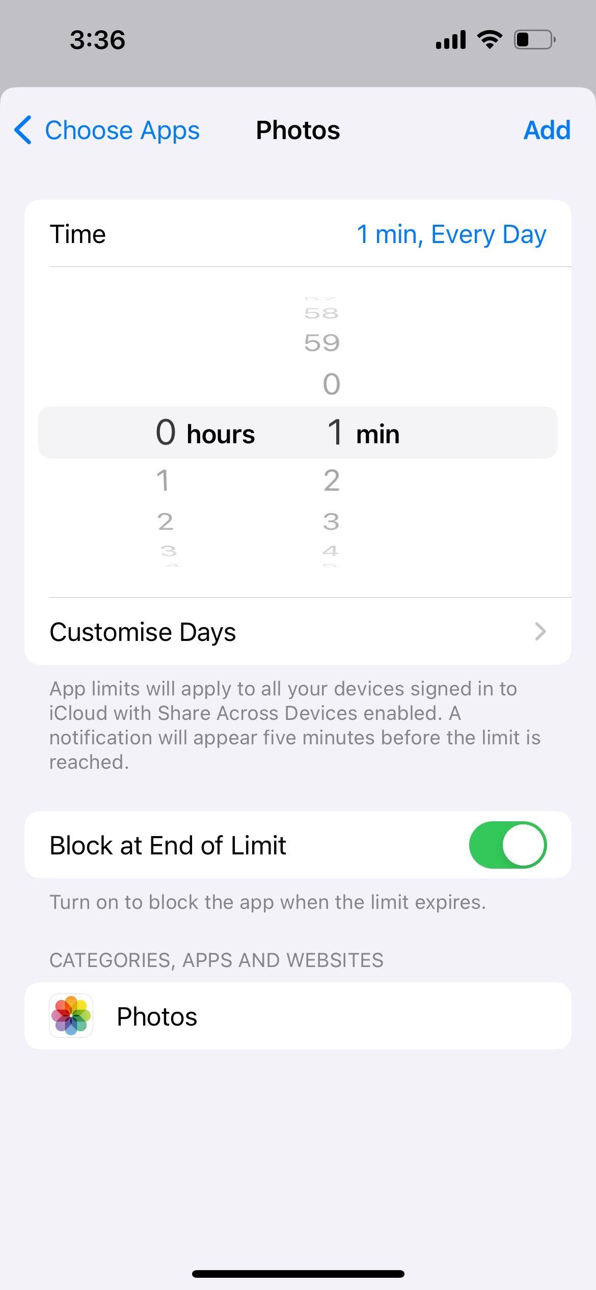 set screen time time limit for iphone photos app
