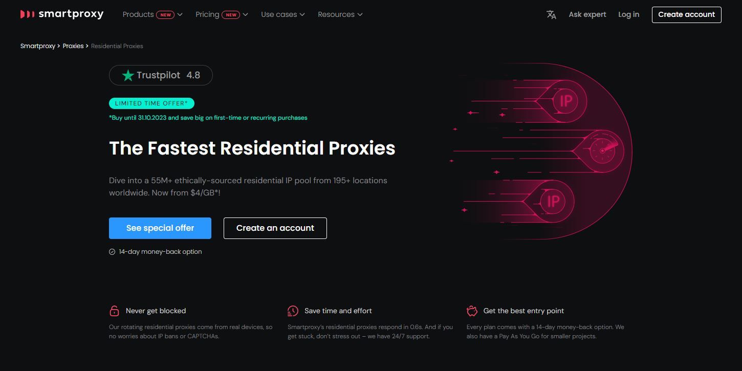 Screenshot of the Landing Page for Smartproxy s Residential Proxy Services
