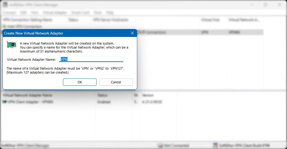 Windows SoftEther Client Setup VirtualNetworkAdapter