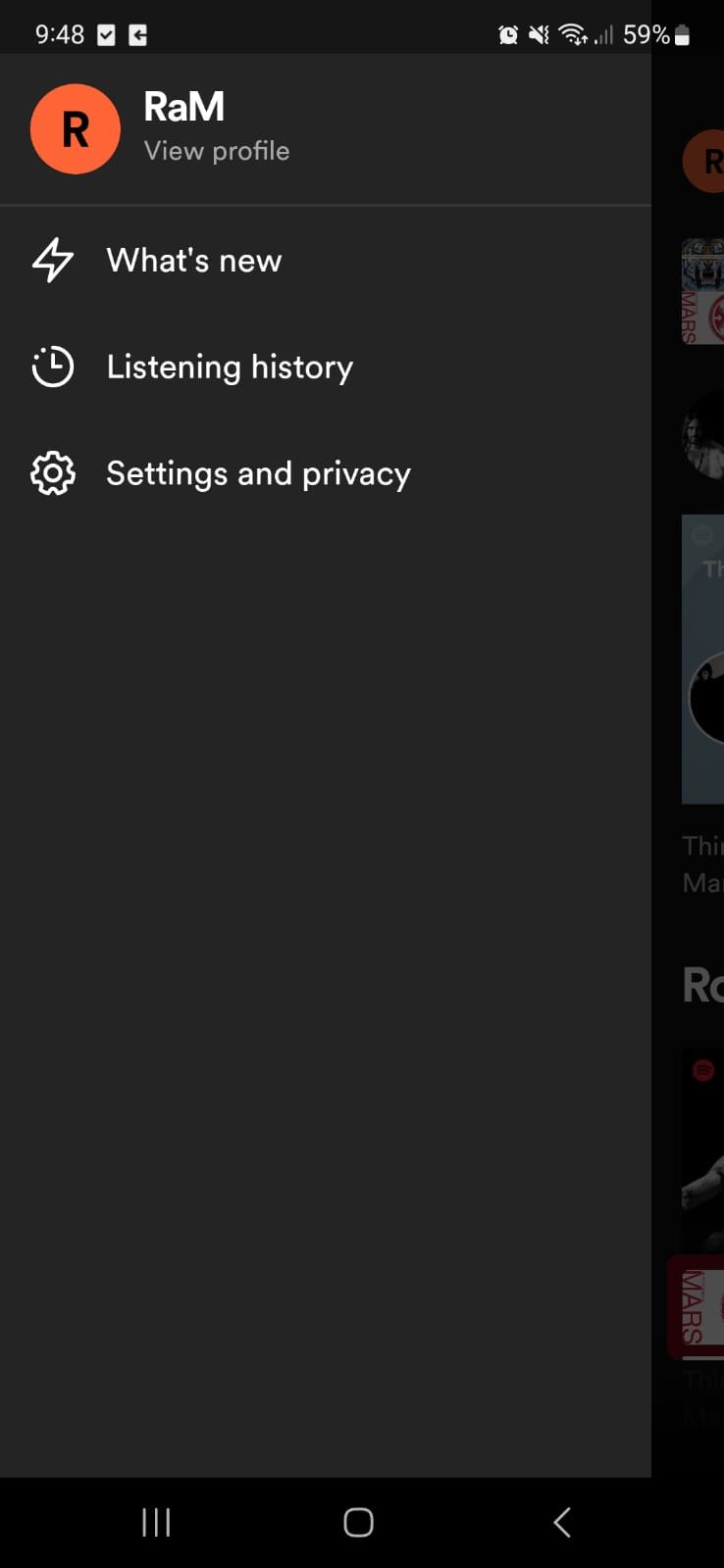 Access account settings on Spotify mobile