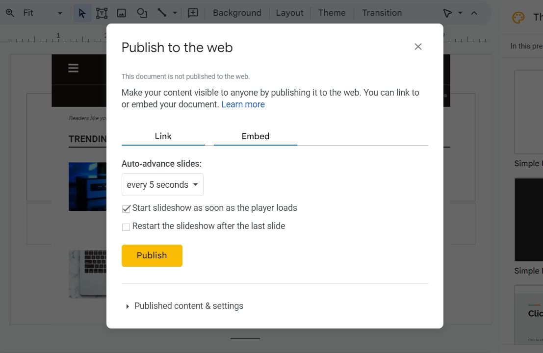 Start slideshow as soon as the player loads box option in Google Slides