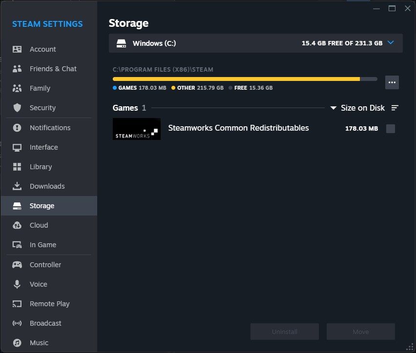 steam settings storage tab Windows