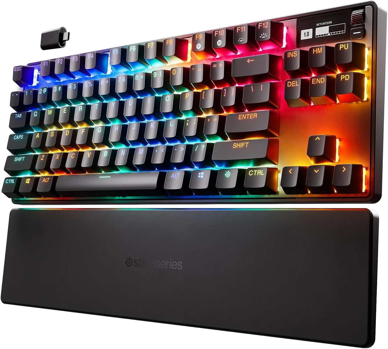 steelseries apex pro with tenkeyless design, wrist rest, and RGB