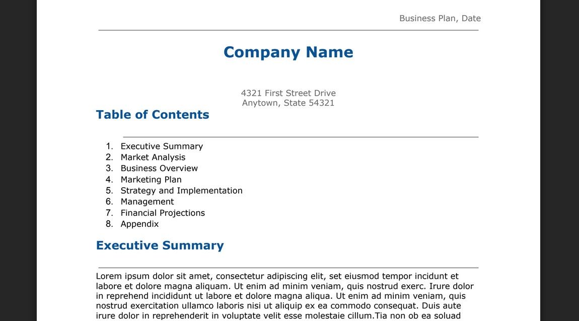 Template for Business Plan on Google Docs