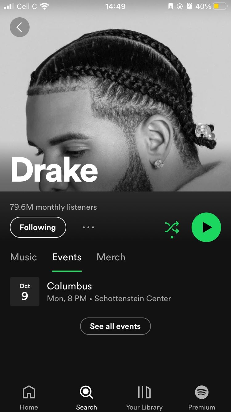 برگه رویدادها در صفحه نمایه هنرمند Drake در Spotify انتخاب شده است