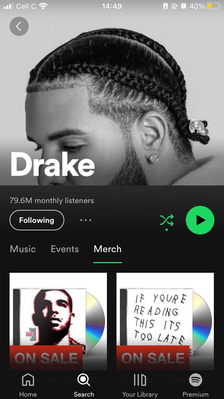 برگه کالا در صفحه نمایه هنرمند Drake در Spotify انتخاب شده است