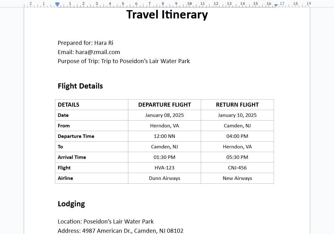 Travel Itinerary Template for Google Docs