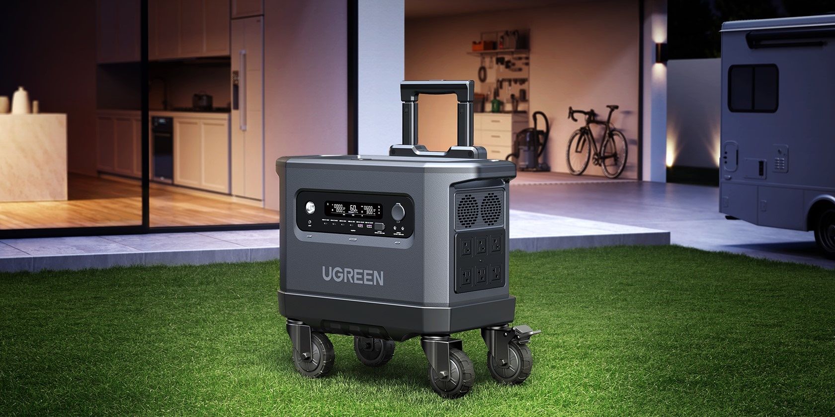 ugreen powerroam 2200 portable power station on wheeled rack on grass