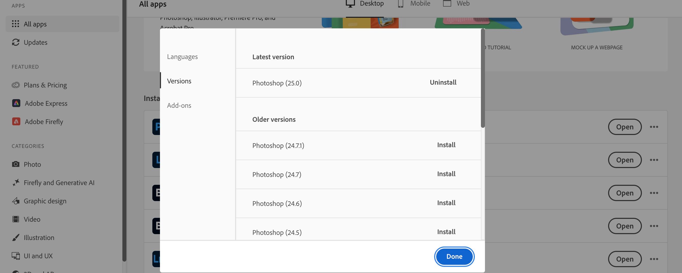 نسخه های قدیمی فتوشاپ را در Adobe CC حذف نصب کنید
