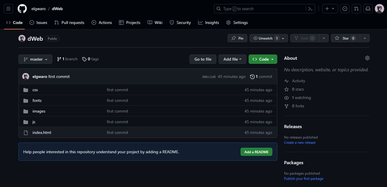 اسکرین شات فایل وب سایت آپلود شده را در GitHub نشان می دهد