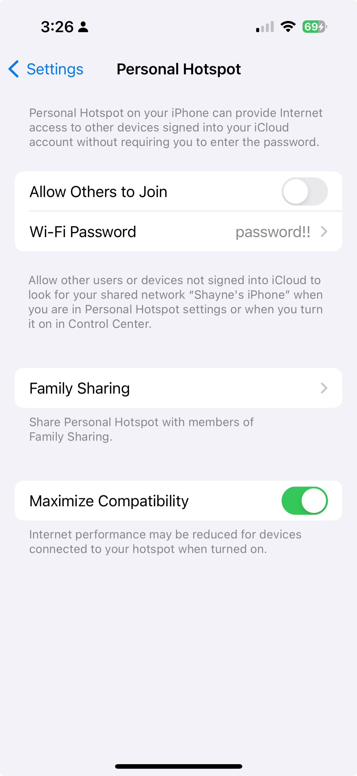 Wi-Fi password for personal hotspot