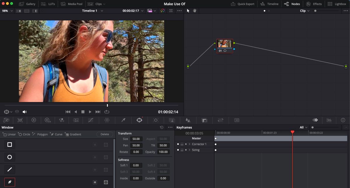Window feature open on color page on DaVinci Resolve with girl hiking in clip