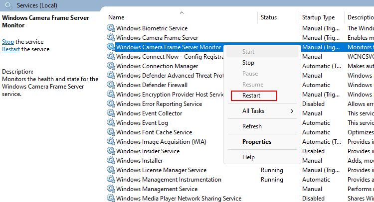 Служба мониторинга сервера кадров камеры Windows