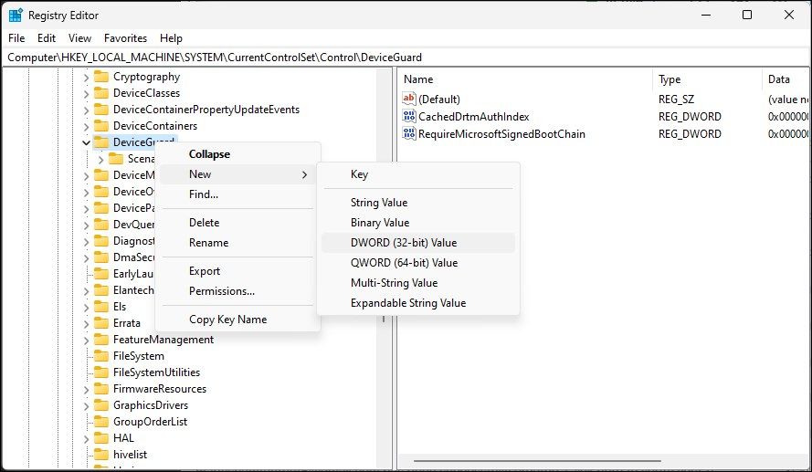 Windows registry editor Device Guard subkey create new DWORD value